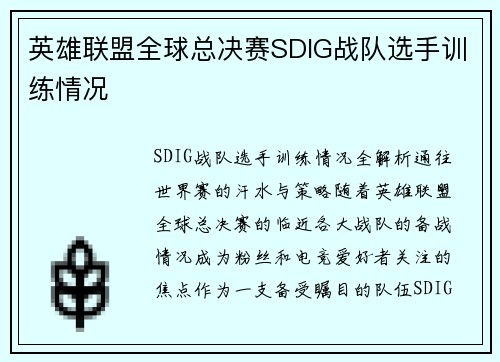 英雄联盟全球总决赛SDIG战队选手训练情况